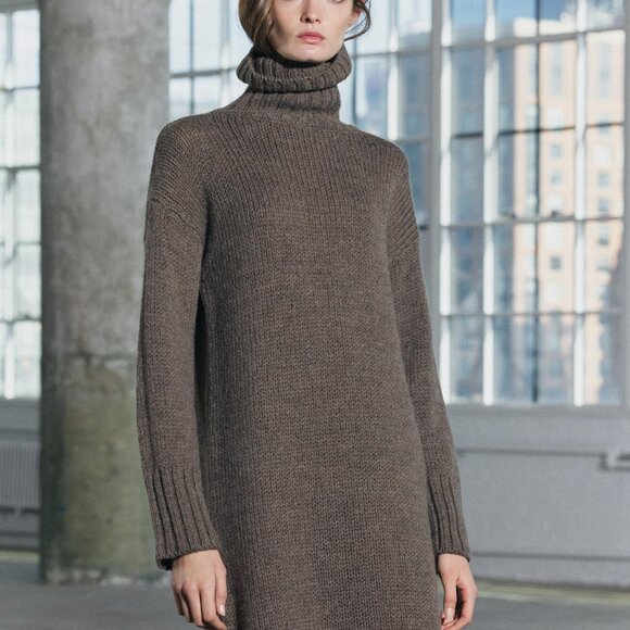 Women's Zara 100% Wool Turtle Neck Fringe Grey Taupe Midi Knit Dress Size XS-S - Picture 3 of 10